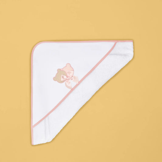 Toalha com motivo ursinhos tricot e laço rosa