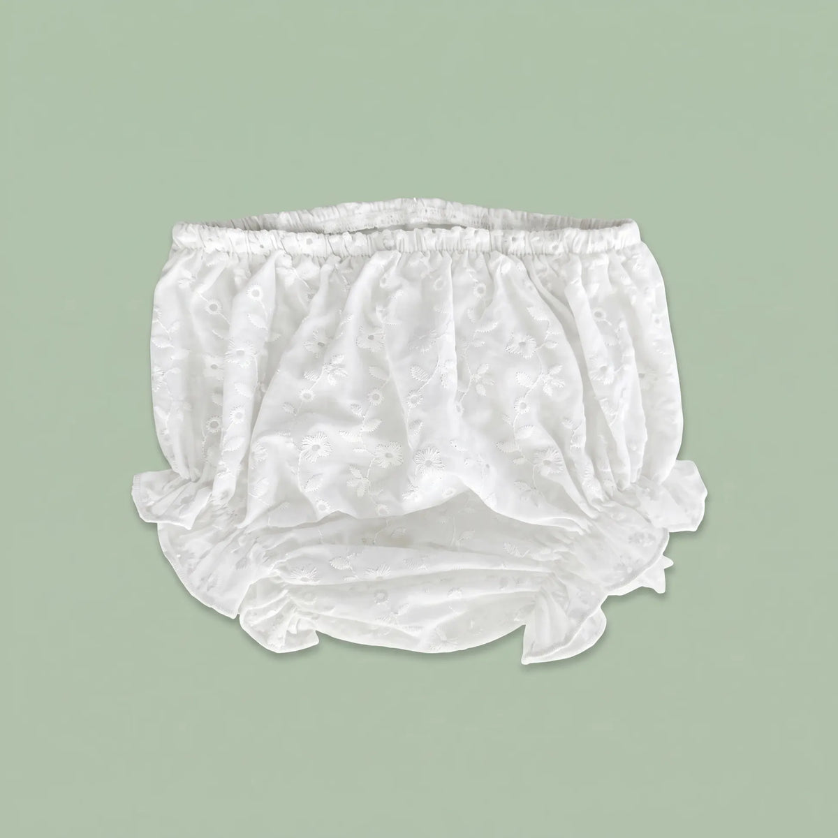 Tapa-fraldas do vestido em tecido bordado com folho e laço no peito e tapa-fraldas verde-água